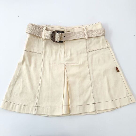 Masavi Womens Beige Cream Denim Pleated Belted Buckle Mini A-Line Skirt Size XS - Picture 1 of 7